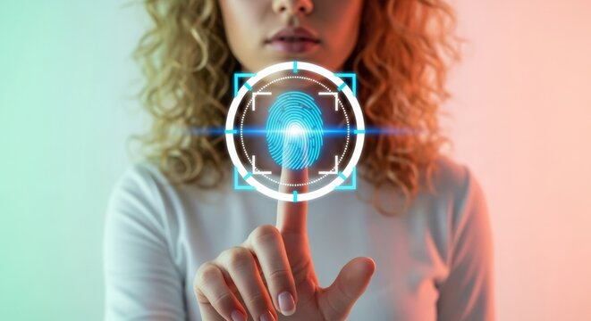 Young woman interacting with biometric fingerprint scanner indoors