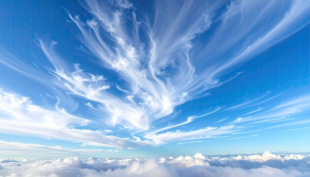Dramatic Wispy Cirrus Clouds Spread Across A Vibrant Blue Sky Above A Sea Of White Clouds