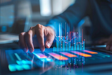 Close up of a hand interacting with a futuristic holographic financial data chart displaying stock market trends and analytics on a digital interface