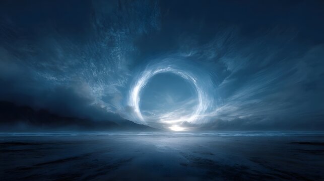 A dramatic glowing portal of swirling energy opens in an ethereal blue sky above a dark reflective landscape