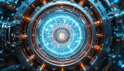 Obraz premium Futuristic glowing blue energy core with intricate mechanical details