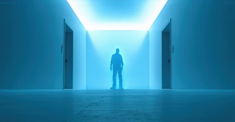 Obraz premium Man stands between doors. Bright light illuminates hallway. Blue tones dominate composition, creating surreal effect. Minimalist scene.