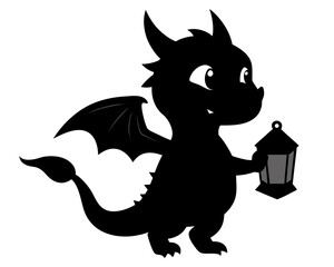 Baby dragon silhouette holding lantern vector illustration isolated on white background