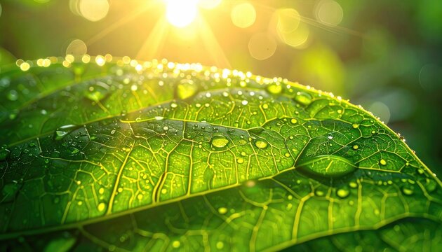 Close up Macro Shot of Dew Drops on Vibrant Green Leaf Surface with Golden Sunburst and Lens Flare Effect