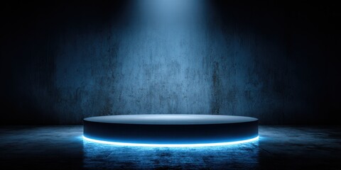 Illuminated round podium with blue neon light in dark room with concrete wall and floor for product presentation
