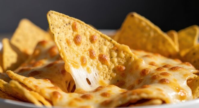 Close-up of cheesy, melted goodness, nachos in a white bowl
