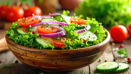 Fresh garden salad in a rustic wooden bowl with lettuce tomato cucumber and red onion with fresh herbs and cracked pepper topping on a weathered table background