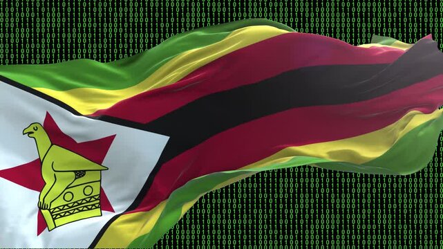 Zimbabwe flag - Waving flag on matrix binary code background