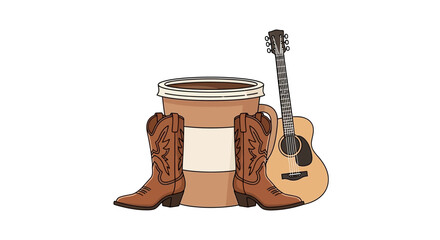 Country Music Elements Composition: Cowboy Boots, Acoustic Guitar and Coffee on white backdrop