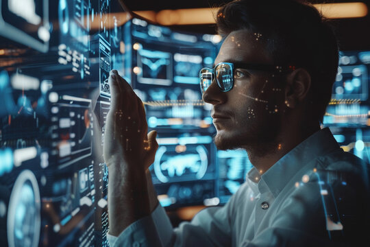 Young man wearing glasses interacting with a futuristic holographic interface displaying complex data and charts in a modern control room with multiple screens