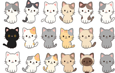 Adorable collection of kawaii style cartoon cats in various colors and patterns sitting in a row design