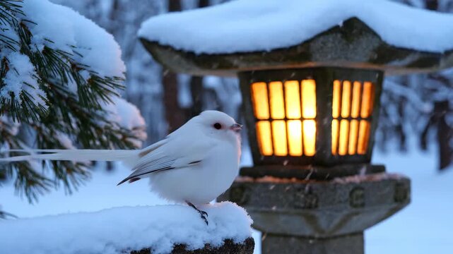 A snowy park in Sapporo, an albino long-tailed tit bird perched on a branch, serene winter atmosphere