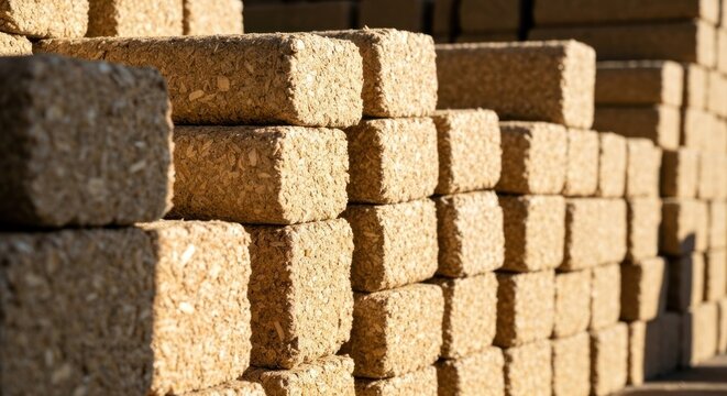 Stacked, rectangular wood blocks, in bright sunlight, creating a wall