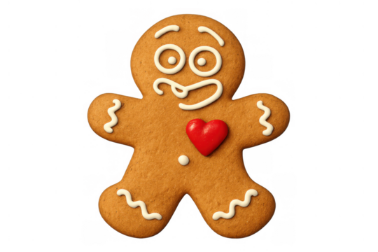 Gingerbread man cookie with red heart, holiday dessert representing christmas love and sweet festive traditions on a transparent background - Powered by Adobe