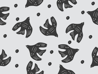 Minimalistic vintage seamless pattern featuring black flying birds and dots on a white background, ideal for wallpapers, textiles, and wrapping paper. vector illustration