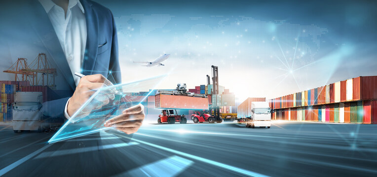 Global digital logistics and supply chain technology with businessman.