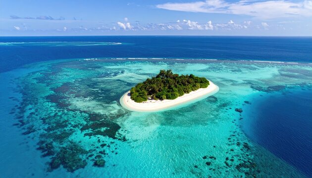 Tiny tropical island paradise with lush green palm trees surrounded by crystal clear turquoise blue ocean water and coral reefs visible from above on a sunny day