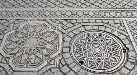 Obraz premium Intricate geometric designs on city pavement featuring manhole covers