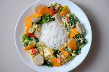 Rice served with capcay, a popular Chinese stir fried vegetables dish