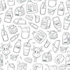 Milk monochrome doodles seamless pattern  for wallpapers, backgrounds, coloring pages, product packaging, wrapping paper, etc. EPS 10