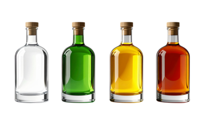  Vibrant Spirits Lineup – Set of Four Alcohol Bottles in Modern Display PNG