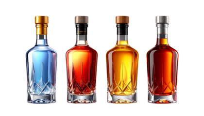 Colorful Liquor Bottles Set Featuring  set of best calarVodka, Gin, Tequila, and Rum – Isolated PNG