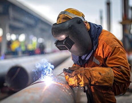 A worker in protective gear welds a metal pipe outdoors