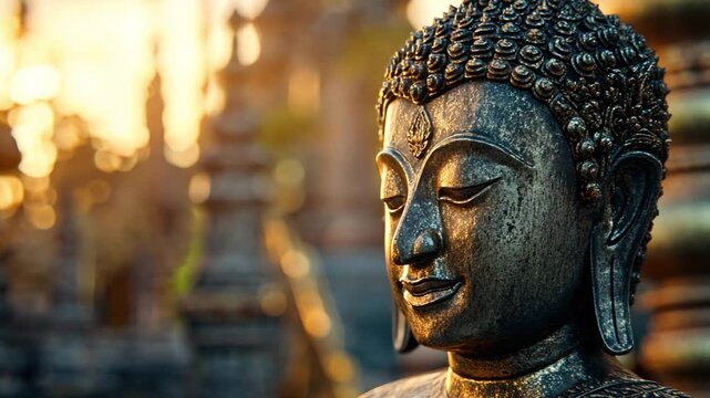 Serene Buddha Statue: A close-up view of a detailed Buddha statue with a peaceful and serene expression. The statue is bathed in warm light, creating a sense of tranquility and spiritual reflection.