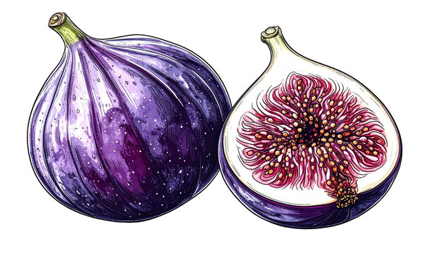 Botanical Fig Outline Illustration &ndash; calar full Stylized Whole and Half Fruit Vector PNG