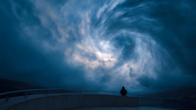 A solitary figure stands on a platform observing a dramatic swirling vortex of clouds at dawn