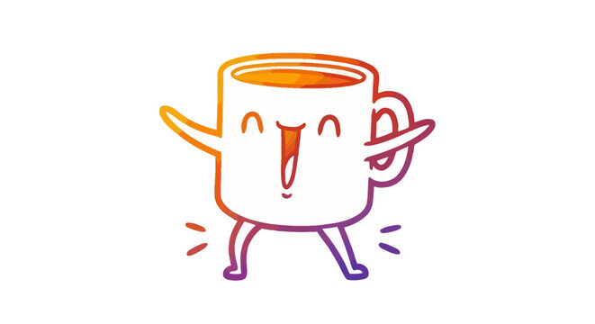 Cheerful cartoon coffee mug character dancing joyfully with vibrant gradient colors, a whimsical