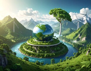 Lush, circular island with globe, tree, mountains, water, and wind turbines