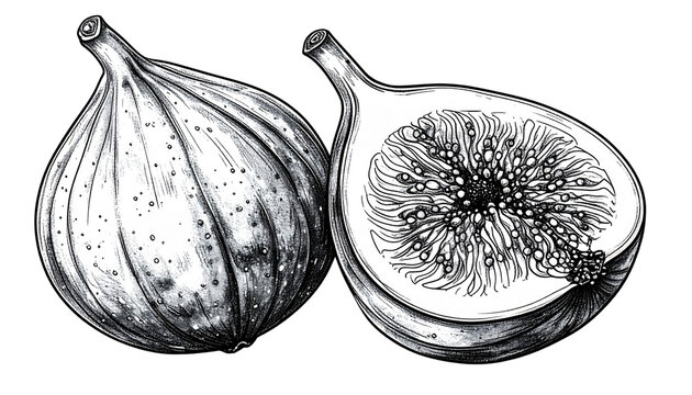 Naklejki  Minimal Line Art of Fig Fruit – best resipiWhole and Cut Half with Intricate Seed Pattern