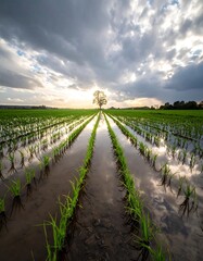 Lush, flooded field with rows of young plants, lone tree, dramatic sky