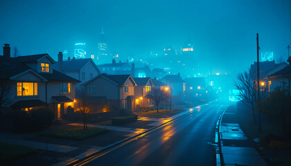 Obraz premium Rainy night in a quiet residential neighborhood with glowing houses