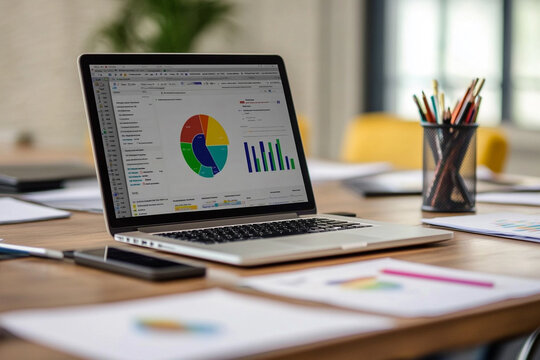Modern office desk with an open laptop displaying financial charts and graphs alongside scattered documents and a cup of pens suggesting business analysis and planning