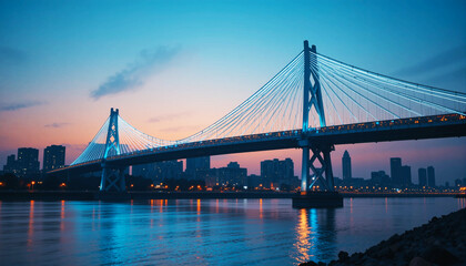 Fototapeta premium Modern suspension bridge illuminated at dusk over a calm river with city skyline