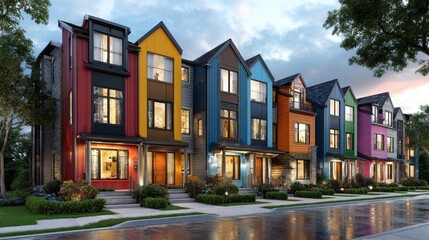 Row of colorful modern townhouses with vibrant facades, reflecting diversity, community, and contemporary urban living concept