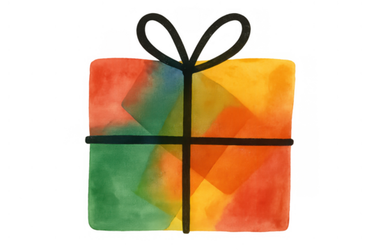 Colorful watercolor gift box with festive ribbon celebrating holidays, presents, and surprise events - Powered by Adobe