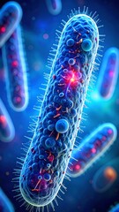 Microscopic view of elongated, detailed blue bacteria with intricate structures