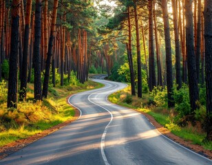 Obraz premium Winding road through a pine forest at sunrise (1)