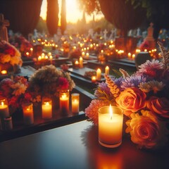 Candles glowing at cemetery, evening silence, flowers on peaceful graves.”