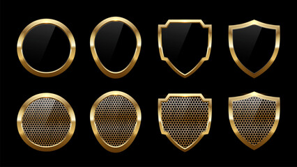 Set of 3D Golden Shields with Glossy Finish on Dark Background – Luxury Gold Badge and Modern Emblem Vector Illustration