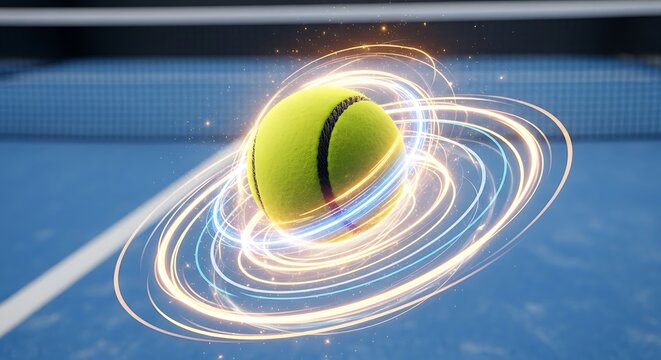 Tennis ball with glowing energy trails on a blue court background