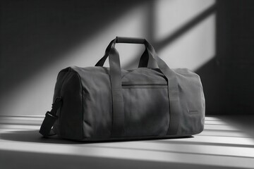 Modern gym bag mockup displayed in a studio setting with soft lighting and shadows cast on the surface