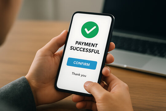 Close up of a mobile phone displaying a payment successful confirmation message with a green check mark for a secure online financial transaction and purchase