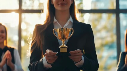business woman in suit holding a golden trophy cup with both hands, celebrating success, victory, office team applause. employee appreciation day. awarding the best employee. Close up, faceless