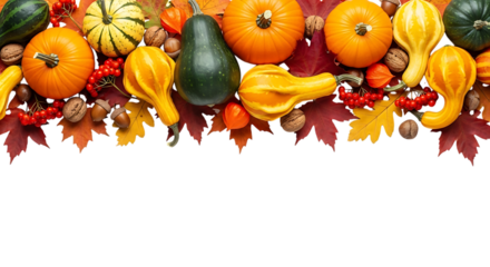 Autumn harvest gourds and pumpkins isolated on transparent background