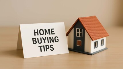 Home buying tips card with miniature house model for real estate purchase advice and property investment guidance