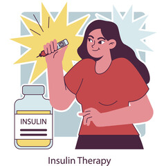 Woman Holding Insulin Pen Next to Insulin Bottle Illustrating Diabetes Treatment and Self Care Against a Light Blue Background with Yellow Starbursts